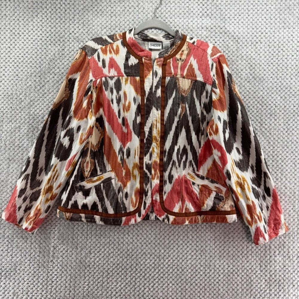 Chicos Jacket Women 2 L Orange Brown Linen Abstract Ikat Metallic Western Pocket